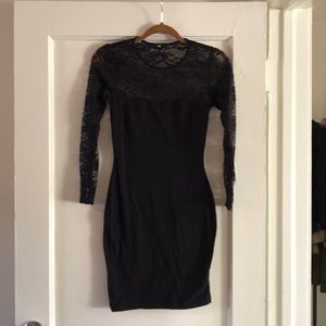 Black body con dress with lace sleeves and back